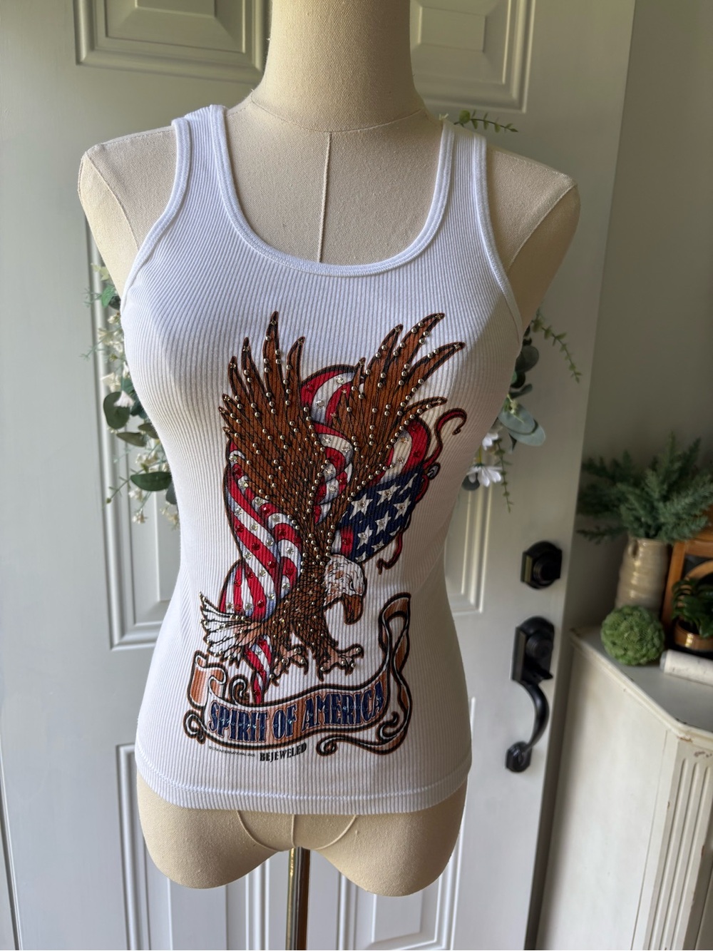 Vintage Y2K Bejeweled  Swarovski Crystals White Ribbed Tank Top